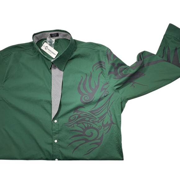 NWT Y2K 90s Coofandy Tribal Big Bold Graphic Button Flip Cuff Shirt Green 2XL - Picture 3 of 16